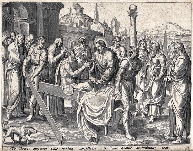 2560px-Christ raises the widow's son from the dead. Engraving, c. 1 Wellcome V0034850