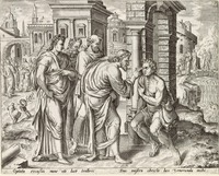 Christus geneest een blinde Wonderen van Christus (serietitel) Thesaurus novi Testamenti elegantissimis iconibus expressus continens historias atque miracula doni nostri Iesu Christi (serietitel), RP-P-1988-312-248